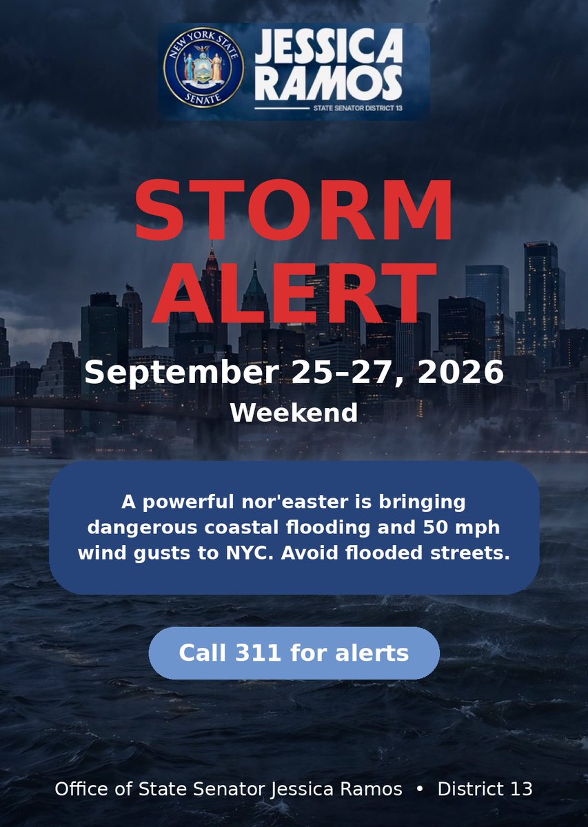jessicaramosqns's tweet photo. Neighbors, please stay alert as severe weather impacts our area. 🚨⛈️

Heavy rain and strong winds may cause flooding, especially in low-lying areas and basement apartments.
Call 311 for assistance or to report flooding. If you are in immediate danger, call 911.

Stay safe and check on your neighbors.
—
Vecinos y vecinas, manténganse alerta ante las condiciones del tiempo. 🚨⛈️

Las fuertes lluvias y los vientos pueden causar inundaciones, especialmente en zonas bajas y apartamentos en sótanos. Llamen al 311 para solicitar ayuda o reportar inundaciones. Si están en peligro inmediato, llamen al 911.

Manténganse seguros y pendientes de sus vecinos