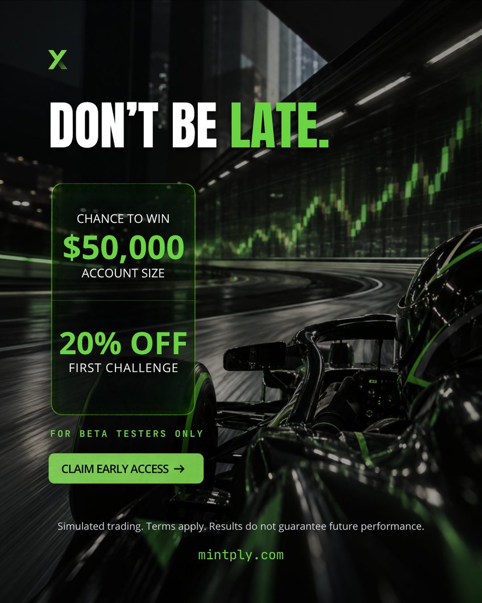mintply's tweet photo. 🚨 EARLY BIRD (Beta Testers Only) 🚨

We’re giving 20% OFF your first Mintply challenge and one trader will win a $50,000 account size.

To enter:

Follow @mintply
Tag 3 traders (and tell them to sign up)
Register via the link in bio

✅ 1 winner
🏆 Winner announced publicly at launch

Move early. Trade smart. Building the future of prop with serious traders only. 🤝