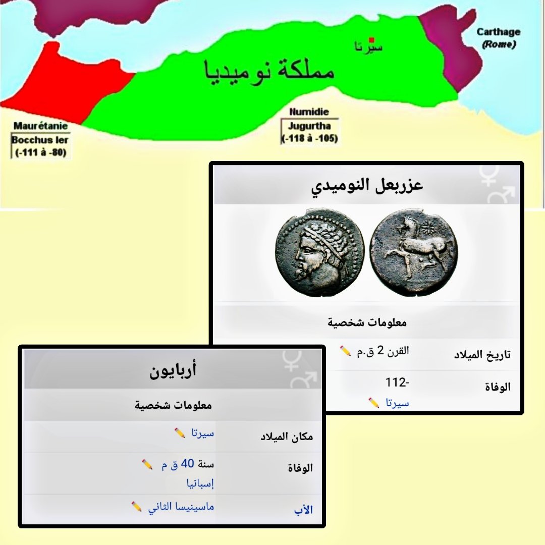 J2a_Alien's tweet photo. مملكة نوميديا 🇩🇿 ( عربية )
هذا يظهر من خلال أسامي الحكام والملوك

• الملك: عزربعل 200 ق.م
عزر "معناها خادم" و بعل "إله كنعان"

• الملك: أرابيون 40 ق.م
عرابيون ويعني العربي ، وهو آخر حاكم https://t.co/e20FMjsGt7