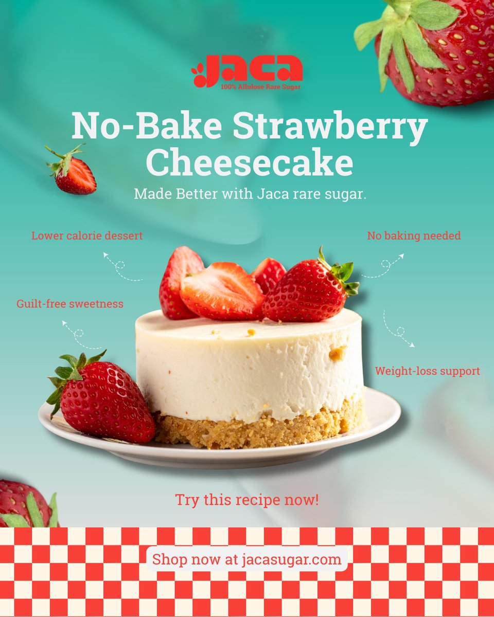 peteferrari28's tweet photo. Finally, a cheesecake that doesn't require a "cheat day." 🍓

This no-bake strawberry cheesecake gives you all the creamy, dreamy indulgence without the guilt spiral that usually follows dessert. It is made with Jaca rare sugar, which gives you authentic sweetness.

- Lower-calorie dessert (90% fewer calories than traditional sugar).
- No baking needed (because who has time for that?).
-  Guilt-free sweetness.
- Weight-loss support built right in.

This is what happens when dessert stops being the enemy.

Try this recipe now at https://t.co/Qp6tbkxieE and tag us in your creations!