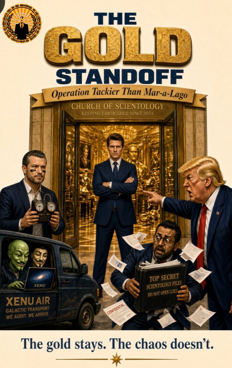 TheStripesGirl's tweet photo. 🛸👽🛸👽Continued...
#PATEL:  
According to my binder, the real gold may actually be in a warehouse in New Jersey, or possibly inside Tom Cruise’s watch, or possibly this is all a Deep Bridge operation. I have color-coded tabs.

Kash's eyes widen (yes, it's possible) as he opens the binder. A takeout menu falls out.

PATEL:  
That was evidence.

A crowd of Scientologists forms a line on one side of the sidewalk. The Most Amoral Army forms a line on the other. Nobody has a plan. Everybody has a slogan.

Scientology signs: “THE GOLD IS PART OF THE TECH.”  
Trump signs: “MAKE THE LOBBY MINE.”  
Hegseth’s sign, handmade with crayons: “WARRIOR CHANDELIER.”

#TOMCRUISE:  
If you want the decorations, you will have to go through me. I can handle this. I can handle gold. I can handle Pete. I can handle Kash. I can handle the entire concept of taste.

#TRUMP:  
You’re a short guy who does a lot of running. I like you. Come work for me. We’ll put the E-meters in the Lincoln Bedroom. Very classy. People will hold the cans and tell me I’m doing a great job.

#MISCAVIGE:  
Absolutely not.

#HEGSETH:  
I volunteer to hold the cans. For readiness.

He grabs a leftover E-meter from a previous heist bag that Anonymous “accidentally” left on the curb. It immediately beeps.

E-METER:  
Subject believes he is in a movie. Also subject may be wearing bronzer as armor.

HEGSETH:  
See? Warrior confirmed.

Kash tries to negotiate.

PATEL:  
What if we seize the gold temporarily for an investigation into whether it is too gold? I can write a memo. I have already written a memo. It is seventeen pages and the last six are just the word “gold.”

Tom leans up on tiptoes and in, intense, inches from Trump’s face. Two men who have never lost an argument with a mirror.

TOM CRUISE:  
The gold stays. The tech stays. You can have a commemorative paperweight.

TRUMP:  
I don’t want a paperweight. I want the lobby. I want the letters. I want that ugly beautiful statue. Frankly, your whole aesthetic is stolen from me. I should sue. I have the best lawsuits. Ask Xenu. He knows.

From the van:

XENU:  
I do know. That’s why I called him.

Sirens do not arrive. A food truck does. It is selling gold-foil churros. Both sides stare at it like it is a diplomatic breakthrough.

ANONYMOUS:  
Phase One complete. The standoff has begun. Nobody has won. Everybody looks insane. This is the mission.

Tom points at Trump. Trump points at the chandelier. Hegseth points at the sky. Patel points at his binder. Miscavige points at the “No Soliciting Gold Raids” sign he just printed.

TOM CRUISE:  
This is not over!

TRUMP:  
Nothing’s over. Especially the gold.

FADE OUT on Xenu slowly raising a juice box in toast.

XENU:  
To tacky décor. The one true bipartisan religion.

TRUMP (from the darkness): Where can I find a McDonald's?

THE END.

Part Ten: the standoff begins, the gold is the MacGuffin, Hegseth audits a chandelier, Patel brings the wrong binder, and Tom treats interior design like a final boss.  The saga continues next Friday! 

#SciFiFriday #Scientology #Xenu #TomCruise #Anonymous #OpScientology #Chanology #OpChanology