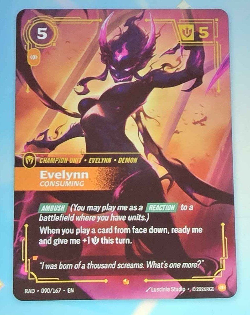 acervoevelynn's tweet photo. Evelynn Consuming Base &amp; Alt Art card for Riftbound: Radiance https://t.co/1tBVaSEhSq