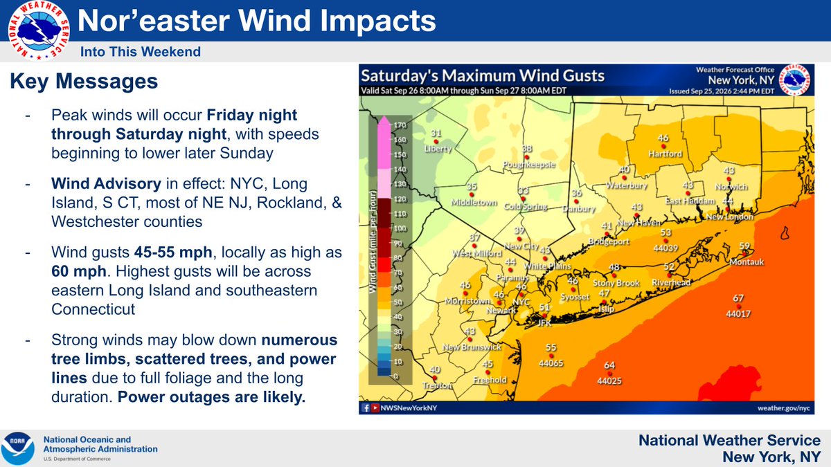 NWSNewYorkNY's tweet photo. A nor'easter impacts our area through the weekend, with the greatest impacts along the coast.

Moderate to locally major coastal flooding, wind gusts up to 60 mph, and a prolonged rainfall is expected.

💻 Forecast: https://t.co/K4slLrwi4g
📄 Briefing: https://t.co/UV3Rpna98Q https://t.co/MsPzJk9kIv