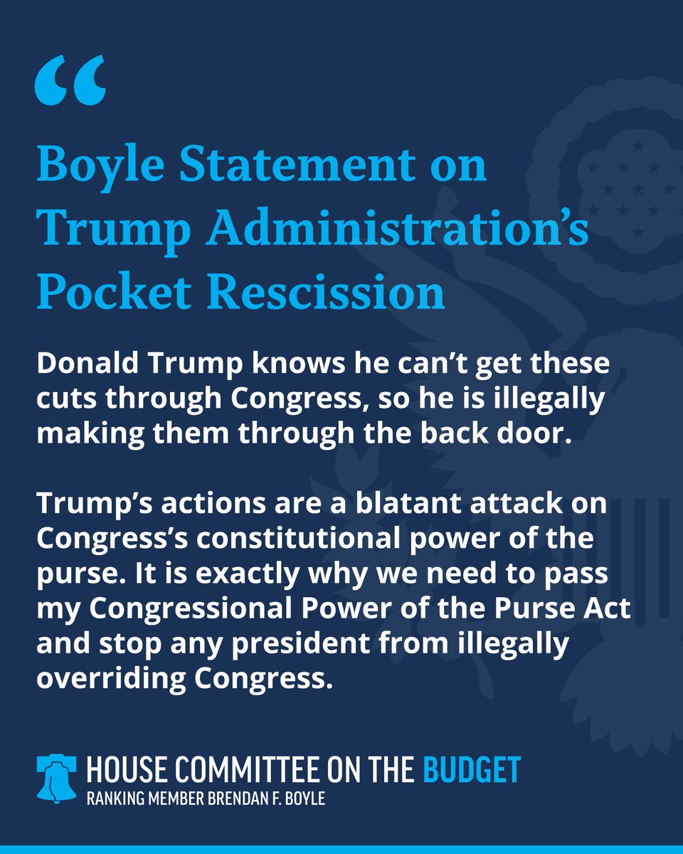 HouseBudgetDems's tweet photo. “Donald Trump knows he can't get these cuts through Congress, so he is illegally making them through the back door.”

Ranking Member @CongBoyle on the Trump Administration's pocket rescission: https://t.co/mwAHxblcts