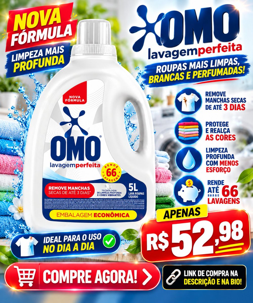 WillisdosSw2's tweet photo. 🧺🔥 ROUPAS LIMPAS SEM COMPLICAÇÃO!

🧴 OMO Lavagem Perfeita — Sabão Líquido 5L

✨ Praticidade para o dia a dia
👕 Ideal para a lavagem das roupas
💧 Embalagem econômica de 5L
🚨 ESTÁ EM OFERTA!
💰 R$ 52,98

🛒 Compre aqui 👇
https://t.co/ExwfLRtqBf
#OMO #LavagemDeRoupas #Oferta https://t.co/1tLgGteR0A