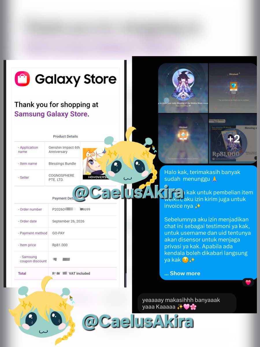 CaelusAkira's tweet photo. 22 ) ✨️Blessings of The Welkin Moon - Monthly Pass Genshin Impact ( Welkin - GI )  ✨️ 

Payment 26 September 2026 

- Invoice &amp; Transaction Proof 
- Payment Via Gopay

Thank you! 😊 ✨️ https://t.co/uDQEzer3cA