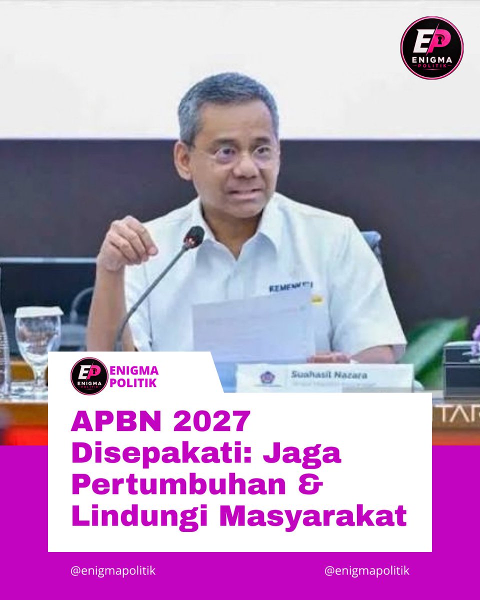 EnigmaPolitik's tweet photo. Di tengah tantangan global, pemerintah dan DPR sepakat RAPBN 2027 yang mendukung pertumbuhan ekonomi sekaligus melindungi rakyat. Kebijakan fiskal hadir, tidak pasif, dan tetap bertanggung jawab.

#jagaindonesia #kamibersamapresiden #APBN2027 #BelanjaNegara #KeuanganNegara https://t.co/l0j0QGYqbA