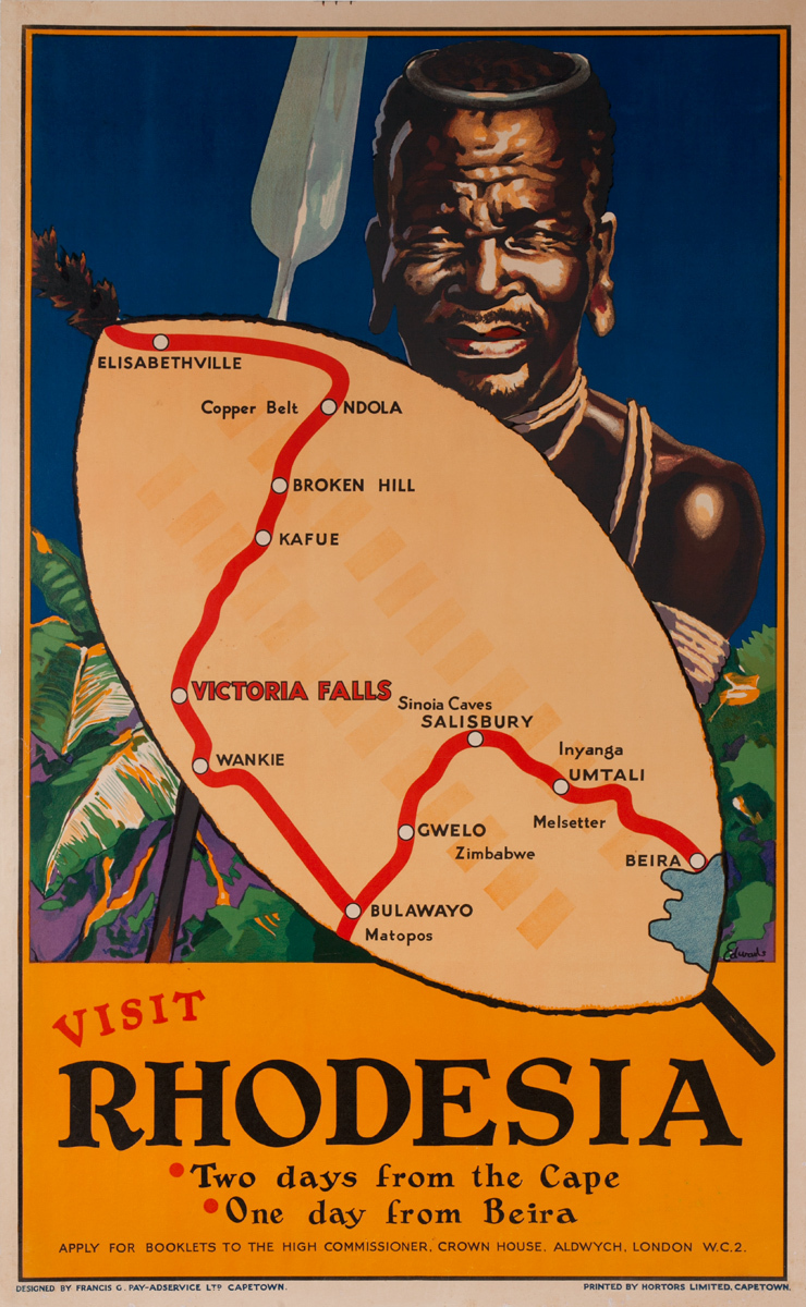 RhodesianAction's tweet photo. The pitch was simple: Visit Rhodesia, two days from the Cape and one day from Beira. This original 1930s poster mapped the inland route past Victoria Falls, Wankie and the Matopos, with booklets from the High Commissioner at Crown House, London. https://t.co/CLO5LA1R5b