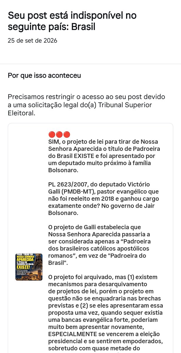 rogeriotomazjr's tweet photo. FUI CENSURADO pelo André Mendonça, ministro inepto, parcial e militante político que é uma vergonha absoluta para o Judiciário do Brasil e uma ameaça à democracia e à liberdade de expressão.

O post sobre Nossa Senhora Aparecida que fiz na outra rede - em Collab com os queridos @lazarorosa25 e @KriskaCarvalho - já alcançou mais de 425 mil visualizações em menos de 20 horas de publicado, com mais de 27 mil curtidas e 14,5 mil compartilhamentos.

Eu não fiz nenhuma acusação. Apenas citei fatos e exerci minha liberdade de opinião política sobre fatos públicos e notórios. Foi o suficiente para o ministro Terrivelmente Evangélico mandar tornar o post inacessível no Brasil. Agora imaginem se Flávio do Vorcaro ganhar a eleição e puder indicar mais quatro ministros para o STF. Quantos ministros terrivelmente milicianos ele vai colocar lá?
FAMÍLIA MILICIANA
LULA MUITO NECESSÁRIO