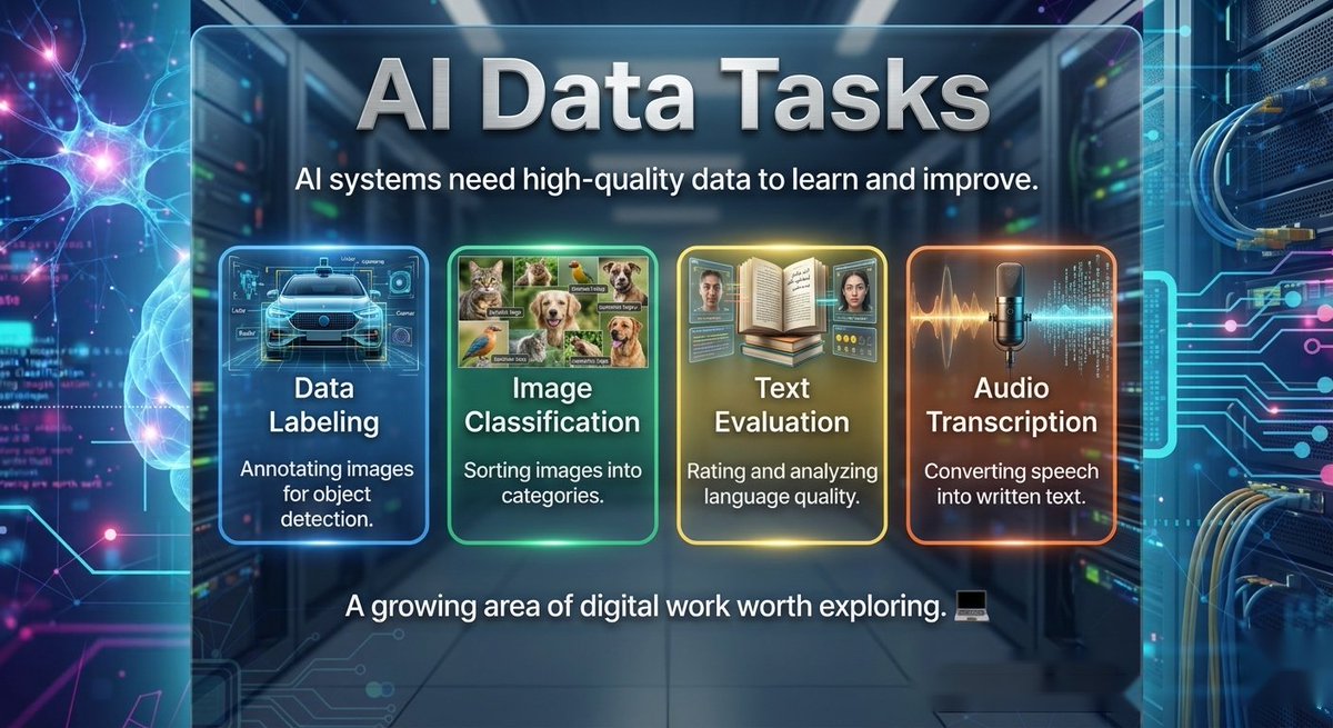 workingonlu5654's tweet photo. π€ AI Data Tasks
AI systems need high-quality data to learn and improve.
AI data tasks can include:
πΉ Data labeling
πΉ Image classification
πΉ Text evaluation
πΉ Audio transcription
A growing area of digital work worth exploring. π»
#WorkOnline #Microtasks #OnlineJobs #RemoteWork #India #Pakistan #IndiaJobs #PakistanJobs