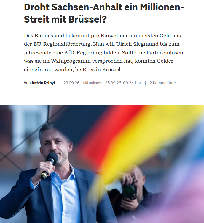 PeterBorbe's tweet photo. Das Brüsseler Regime bedroht schon eine mögliche AfD-Regierung in Sachsen-Anhalt, bevor sie überhaupt im Amt ist.
Man will die Ungarn-Nummer abziehen: Geld weg, wer auch nur einen Millimeter von woken EU-Vorgaben abweicht. Auch in der polnischen Provinz wurde dieses System schon durchexerziert, immer wird mit der Streichung von Fördermitteln gedroht. Geld, das von den EU-Mitgliedsländern eingesammelt wird, wird anschließend benutzt, um Gehorsam zu erpressen.
https://t.co/XjBbSh5McG