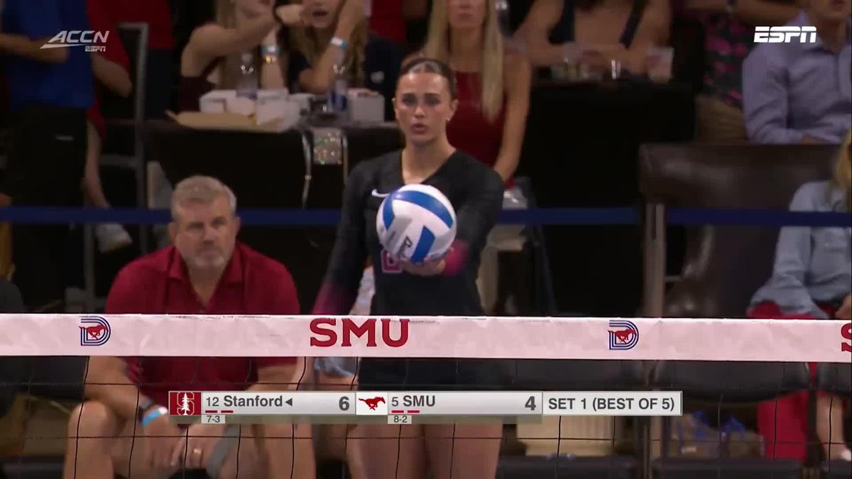A Stanford volleyball player in a black jersey prepares to serve during Set 1 against SMU on ACC Network, with the scoreboard showing Stanford leading SMU 6-4 in a best-of-5 match.