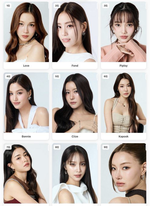 A grid of nine portrait photos featuring young Asian women, with visible labels including 'Love', 'Fond', 'Piploy', 'Bonnie', 'Cliize', and 'Kapook'.