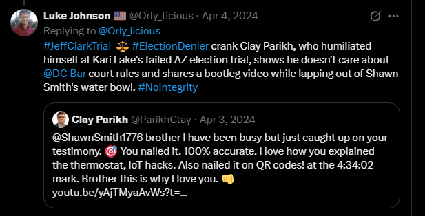 Orly_licious's tweet photo. @KerryPond2024 @Garrett_Archer Clay Parikh also violated the @DC_Bar's rules by sharing a bootleg video with his fellow dopey #ElectionDenier Shawn Smith. Good thing these guys are so clueless and incompetent or they'd be dangerous. https://t.co/KaaXnWCdzB