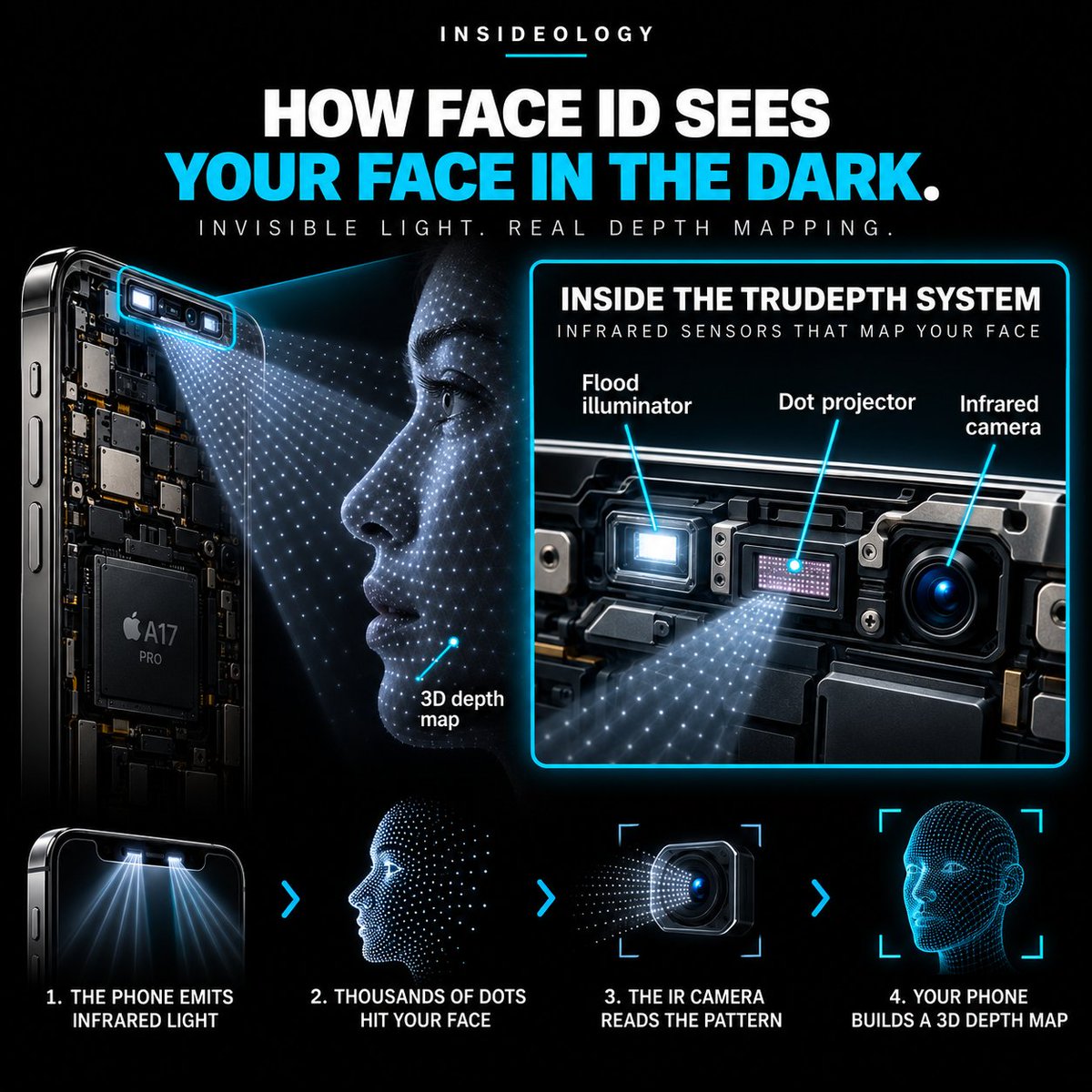 insideology's tweet photo. How Face ID sees your face in the dark.

Face ID uses Apple’s TrueDepth system to map your face with invisible infrared light.
A dot projector casts thousands of invisible dots onto your face, while an infrared camera reads the pattern back to create a 3D depth map.
That’s how your iPhone can recognize you even in low light, or total darkness.