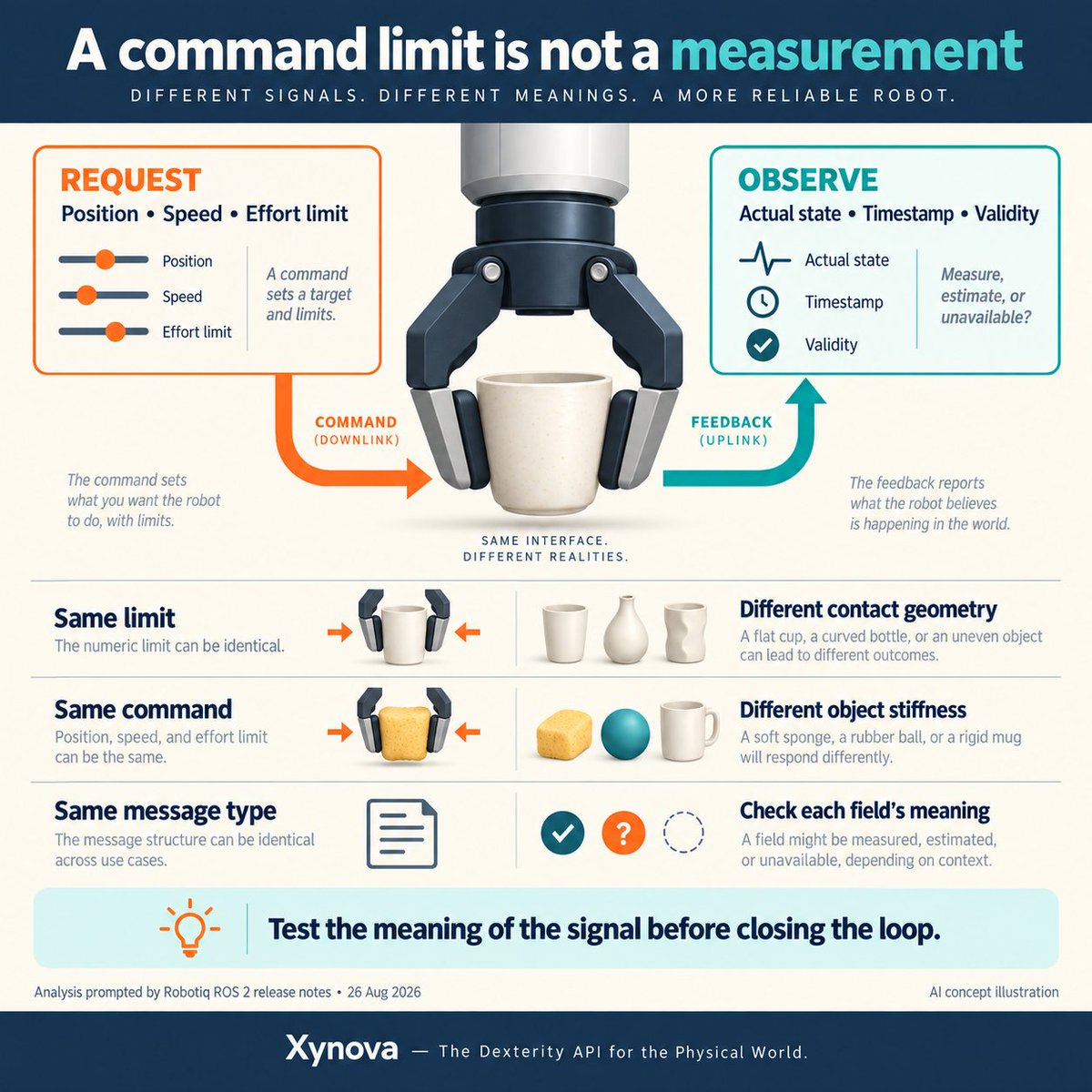 guanliangsky's tweet photo. A gripper's effort limit is a command, not proof of contact force. Before using feedback, check: measured, estimated, or unavailable?
My takeaway from Robotiq's ROS 2 notes. Diagram: proposed checks, not product test data.
https://t.co/mqEZ1PkX7F https://t.co/CATq0hxb0C