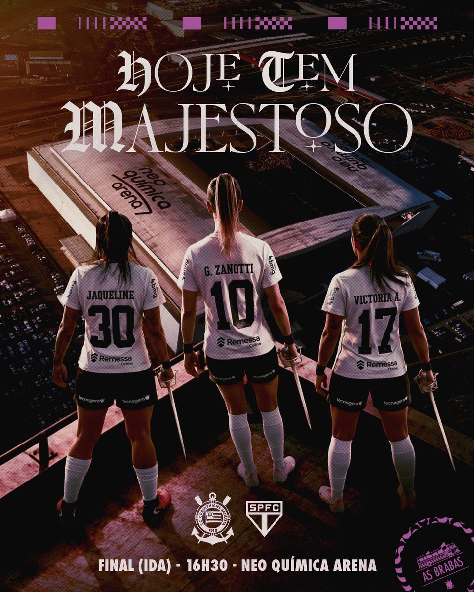 asbrabas's tweet photo. HOJE TEM FINAL DO BRASILEIRÃO FEMININO PARA #ASBRABAS! ⚔️🔥

🎶 AQUI TEM UM BANDO DE LOUCOOOO... 🎶

⚽ Corinthians x São Paulo
🏆 Brasileirão Feminino (ida - final)
⏰ 16h30 (horário de Brasília)
🏟️ Neo Química Arena
📺 GE TV, Globo, NSports, Sportv, TV Brasil, UOL
🖥️ Dia de Corinthians (pré-jogo: 14h15 | narração: 16h30)
🎟️ https://t.co/8vCIgcoJmK

#SCCPxSAO
#VaiCorinthians