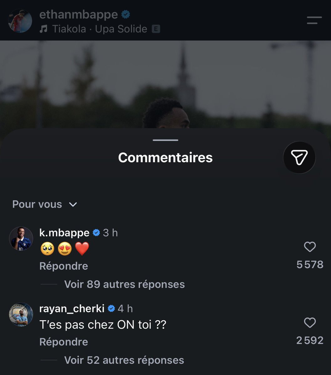 VibesFoot's tweet photo. Rayan Cherki sous le post Instagram d’Ethan Mbappé : « 𝗧’𝗲𝘀 𝗽𝗮𝘀 𝗰𝗵𝗲𝘇 𝗢𝗡 𝘁𝗼𝗶 ? » 😭 https://t.co/SIIM5UG3NV