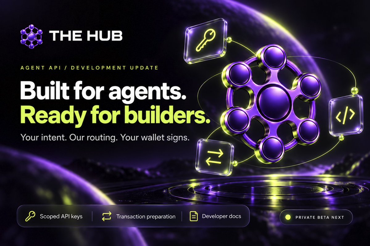 TheHub_Ter's tweet photo. The Hub’s agent API is built. 🟣🟢

Swap quotes. Unsigned transaction preparation. Wallet-verified API keys with scoped permissions, rotation and revocation. Developer docs and integration examples.

Agents bring the intent. The Hub routes. Their wallets sign.

Built for the agent economy. Private beta next. 🤖 Are you ready? 

@inkonchain