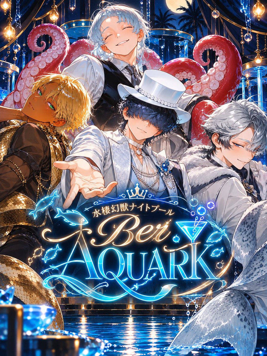 kawahori_fea's tweet photo. ［新プロットのお知らせ］

とある都内の最上階に存在する屋内ナイトプール
“Ber AQUARK”

そこには幻獣人と呼ばれる伝承として語り継がれるレア生物達が集まって経営をしているホスト…ではなくナイトプールバーがあった。

https://t.co/4paW0lpjVW https://t.co/XeY7gVdscY