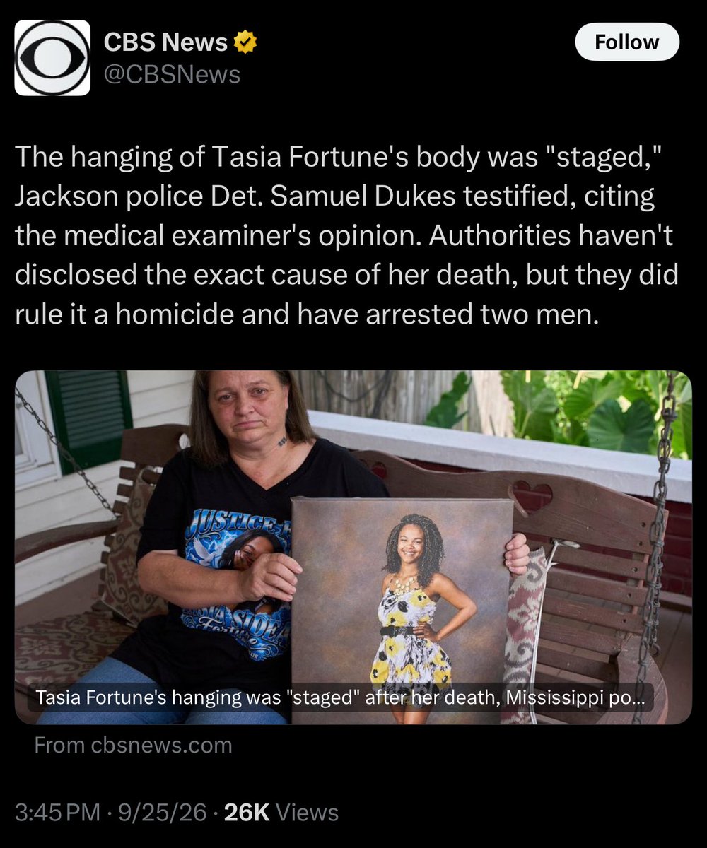 robbystarbuck's tweet photo. Hey @CBSNews @AP @NBCNews,

Given that this was a Black woman hung to look like a lynching and that Democrats have used her to pretend White people were behind it… Don’t you think it’s important to note that the men arrested for hanging her are ALL Black? Seems like a key detail to leave out of your tweets. Why not note it when we all know you would have said so if the accused killers were White? 🤔
