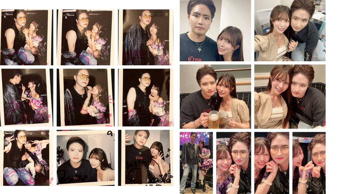 A collage of multiple photo booth-style pictures showing a young woman posing with a man wearing sunglasses and a black sleeveless top in various playful poses.