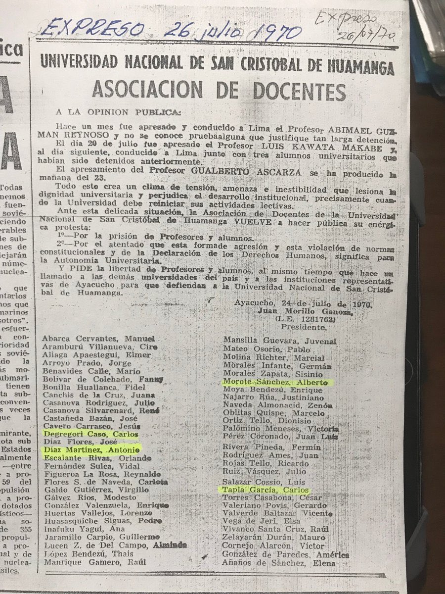 MariellaWoodman's tweet photo. Aquí la lista de los que lloraban por la captura del sanguinario delincuente terrorista Abimael y otras 🪳 🪳🪳rojas más. Los resaltados no sorprenden para nada.
Año 1970 https://t.co/p7rSbRXZoA