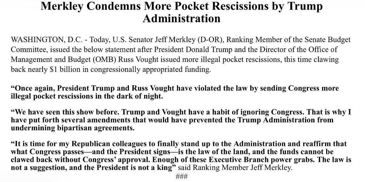 SenateBudget's tweet photo. Once again, Trump and Vought have violated the law by sending Congress more illegal pocket rescissions. Republicans need to stand up to Trump and affirm that cancelling funding Congress has approved is ILLEGAL.  The law is not a suggestion, and the President is not a king. https://t.co/AGm1yrrizF
