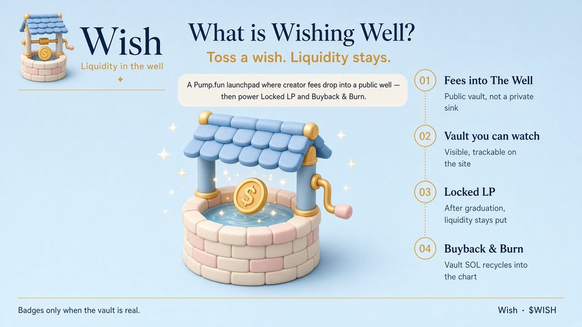 WishingWellPF's tweet photo. Wish is thickening liquidity directly into your launches. 

LP via dev is programmed to stay locked &amp; burned.
All fees are routed back into the liquidity. https://t.co/phIhmN1JDP