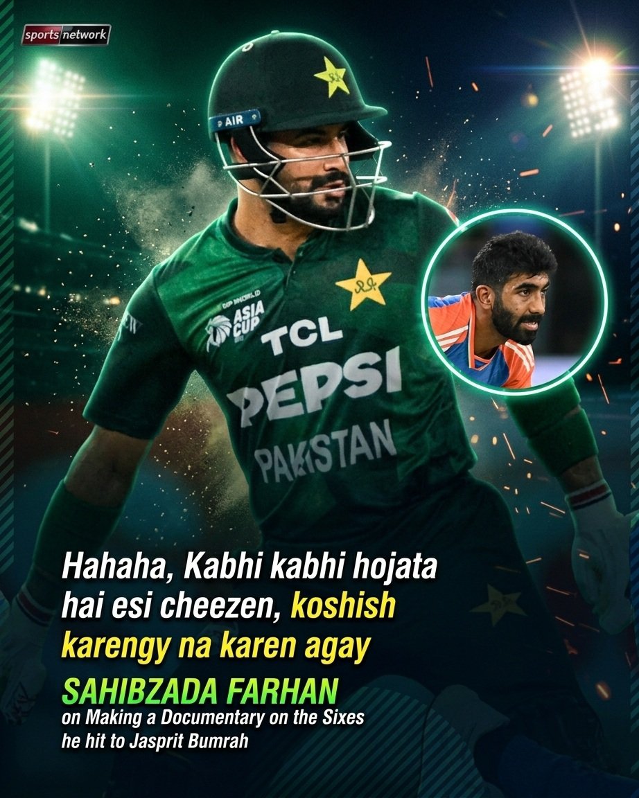 thesportsnetw's tweet photo. Sahibzada Farhan’s hilarious take on hitting sixes against Jasprit Bumrah! 🏏🔥 Even the best moments deserve a humble laugh.
#SahibzadaFarhan #JaspritBumrah #Bumrah #PakvsInd #SportsNetwork https://t.co/ImOFqVwfz5