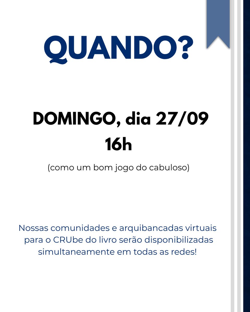 cruleitorestw's tweet photo. Cruleitores, temos novidades! 👀🚨

Notamos que hoje a pergunta que reinou foi: “COMO FAÇO PARA PARTICIPAR DO ‘CRUBE’ DO LIVRO?”

Para trazer essa resposta, passamos o dia decidindo quando iríamos finalmente compartilhar com vocês os nossos links não se engane, mas nós também estávamos ansiosos para esse momento, então ativem as notificações para não perderem tempo!

Domingo (27/09), às 16:00 como uma boa partida de futebol, vamos disponibilizar simultâneamente nossa comunidade do WhatsApp, X e Instagram, e o mais esperado como um gol de placa: o link do CRUbe do Livro! Contamos com vocês para comemorem com a gente esse momento.

E o livro, meus Cruleitores? Como o nosso 19, vocês foram rápidos e escolheram sem nem pensar duas vezes. No entanto, um friozinho na barriga não faz mal... então vamos lá, deixe aqui em baixo qual Clássico Brasileiro vocês acham que foi o vencedor da enquete! 

Até logo, Cruleitores 💙📚