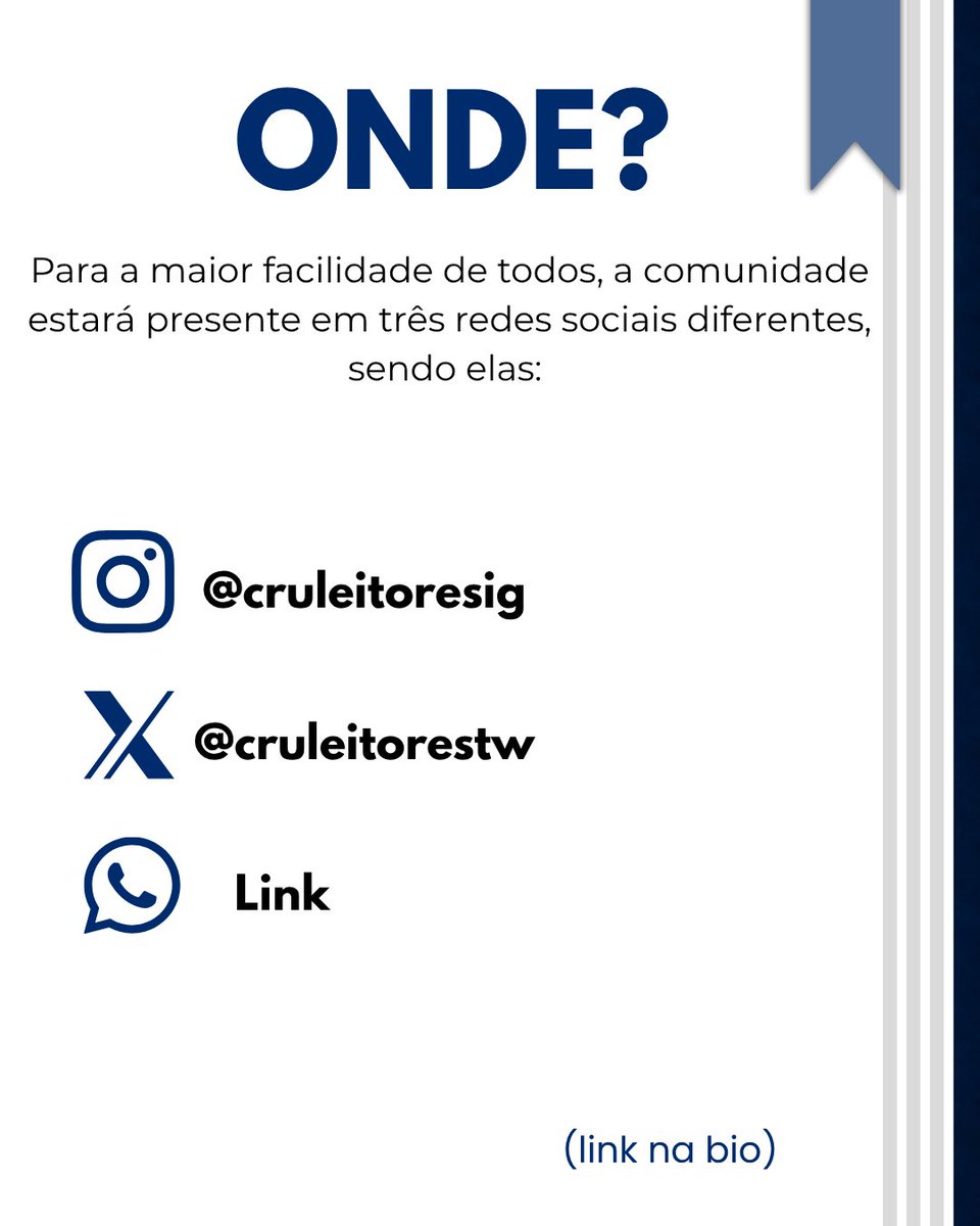 cruleitorestw's tweet photo. Cruleitores, temos novidades! 👀🚨

Notamos que hoje a pergunta que reinou foi: “COMO FAÇO PARA PARTICIPAR DO ‘CRUBE’ DO LIVRO?”

Para trazer essa resposta, passamos o dia decidindo quando iríamos finalmente compartilhar com vocês os nossos links não se engane, mas nós também estávamos ansiosos para esse momento, então ativem as notificações para não perderem tempo!

Domingo (27/09), às 16:00 como uma boa partida de futebol, vamos disponibilizar simultâneamente nossa comunidade do WhatsApp, X e Instagram, e o mais esperado como um gol de placa: o link do CRUbe do Livro! Contamos com vocês para comemorem com a gente esse momento.

E o livro, meus Cruleitores? Como o nosso 19, vocês foram rápidos e escolheram sem nem pensar duas vezes. No entanto, um friozinho na barriga não faz mal... então vamos lá, deixe aqui em baixo qual Clássico Brasileiro vocês acham que foi o vencedor da enquete! 

Até logo, Cruleitores 💙📚