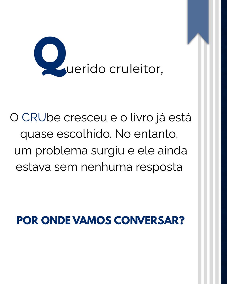 cruleitorestw's tweet photo. Cruleitores, temos novidades! 👀🚨

Notamos que hoje a pergunta que reinou foi: “COMO FAÇO PARA PARTICIPAR DO ‘CRUBE’ DO LIVRO?”

Para trazer essa resposta, passamos o dia decidindo quando iríamos finalmente compartilhar com vocês os nossos links não se engane, mas nós também estávamos ansiosos para esse momento, então ativem as notificações para não perderem tempo!

Domingo (27/09), às 16:00 como uma boa partida de futebol, vamos disponibilizar simultâneamente nossa comunidade do WhatsApp, X e Instagram, e o mais esperado como um gol de placa: o link do CRUbe do Livro! Contamos com vocês para comemorem com a gente esse momento.

E o livro, meus Cruleitores? Como o nosso 19, vocês foram rápidos e escolheram sem nem pensar duas vezes. No entanto, um friozinho na barriga não faz mal... então vamos lá, deixe aqui em baixo qual Clássico Brasileiro vocês acham que foi o vencedor da enquete! 

Até logo, Cruleitores 💙📚