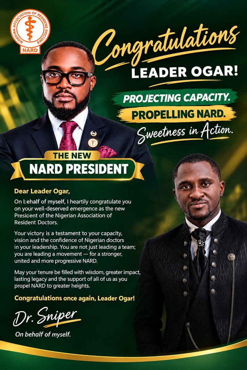sniperdr's tweet photo. 🎉 CONGRATULATIONS, LEADER OGAR! 🎉

Projecting CAPACITY.
Propelling NARD.
Sweetness in ACTION!

Congratulations to our new NARD President, Comrade Ogar, on this well-deserved emergence.

Your victory marks the beginning of a new chapter of purposeful leadership https://t.co/VPDwaAcTE0