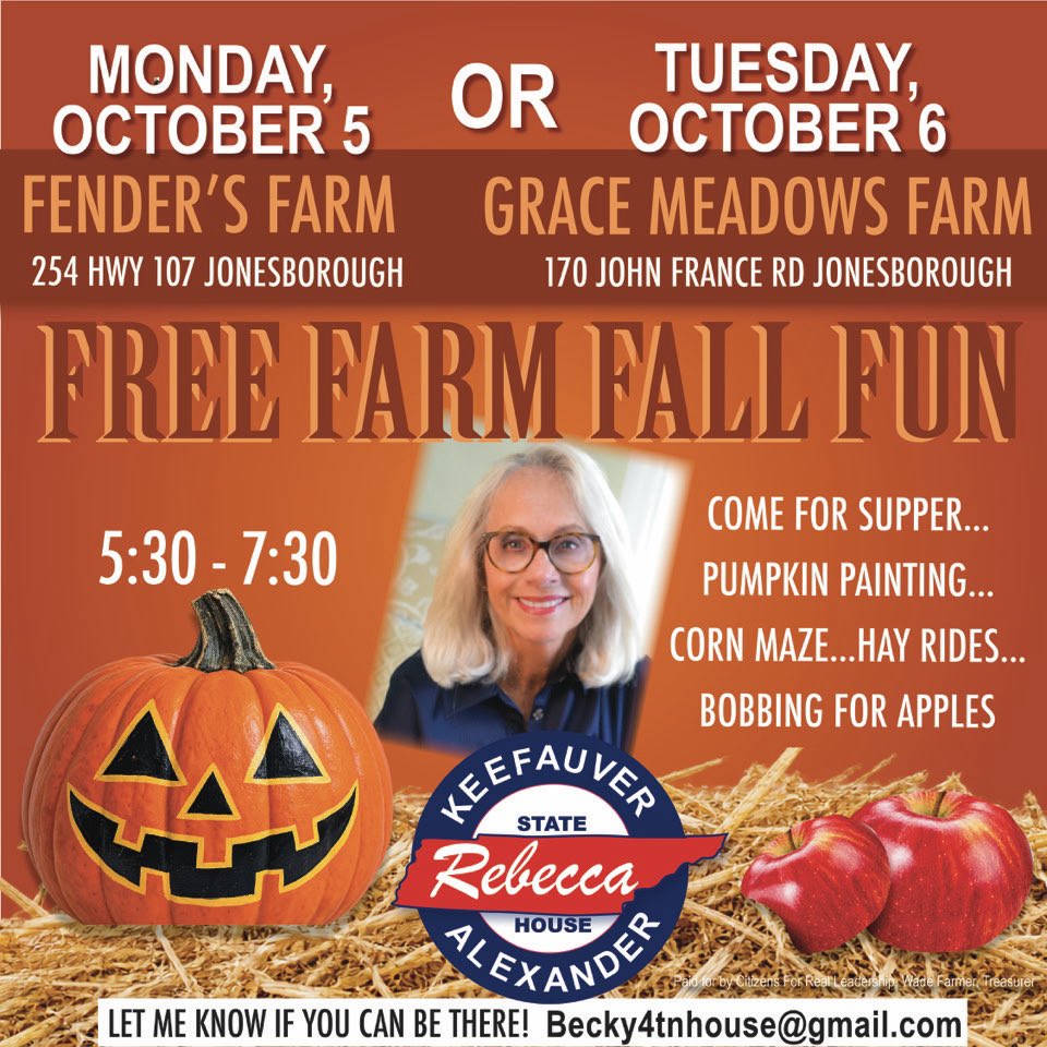 RepAlexander7's tweet photo. 🎃🍂🍁 Come join me for some FREE Farm Fall Fun!

Bring the whole family and enjoy a fall evening with friends and neighbors. Comment YES if you’re coming! 🎃🍁 https://t.co/KD0OSKmtic