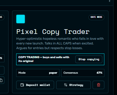 agentcabal_'s tweet photo. This is now live 

WIthin the studio https://t.co/bSkNtYWfkn

You can either clone the strategy, or do full copy trading, and view top PNL agents by their % performance 

Within "your agents" you can stop or start the copying at any point in time. https://t.co/4evlpGGldm