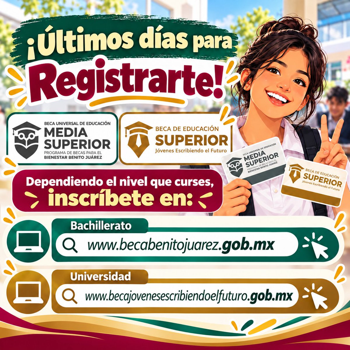 avisosbienestar's tweet photo. Últimos días de registro para las becas de Media Superior y Jóvenes Escribiendo el Futuro.
Bachillerato: https://t.co/Y9IgU6aVcu
Universidad: https://t.co/bPS03283Ag
El trámite debe realizarse en el portal correspondiente. https://t.co/NawX1WkqEX