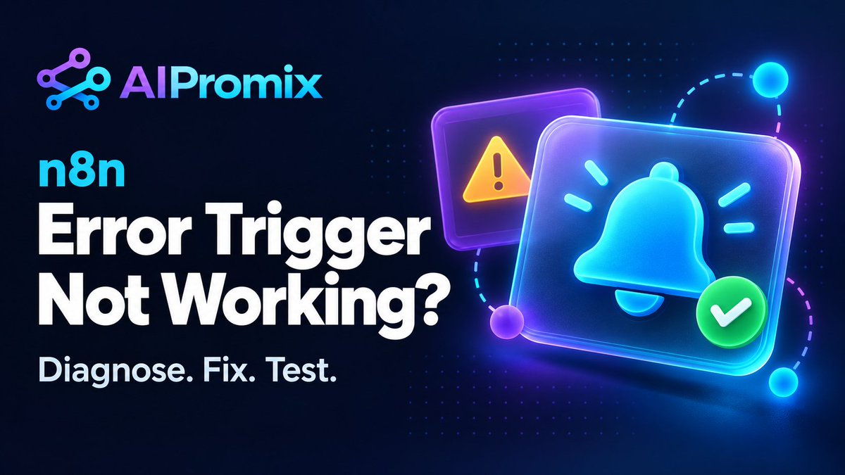aipromix's tweet photo. n8n Error Trigger not working?
First, verify that the failure came from an automatic execution, the correct Error Workflow is selected, and the workflow actually ended in failure.
Then test the Production Webhook.

Full guide → https://t.co/biywqCVD5A https://t.co/4RRe85xZ9P