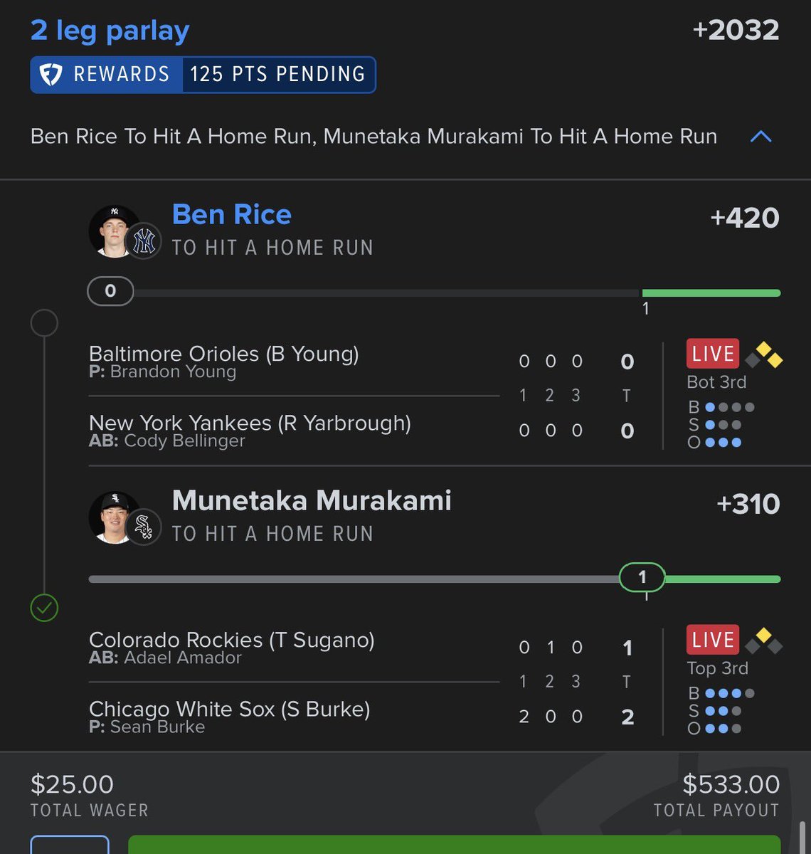 Mrbigbotwucd's tweet photo. ✅ Munetaka Murakami — HR HIT
⏳ Ben Rice — HR needed
$25 → $533 payout 👀⚾️
Can Ben Rice finish the job? 👀
@playbook https://t.co/oTpzJFpaCy