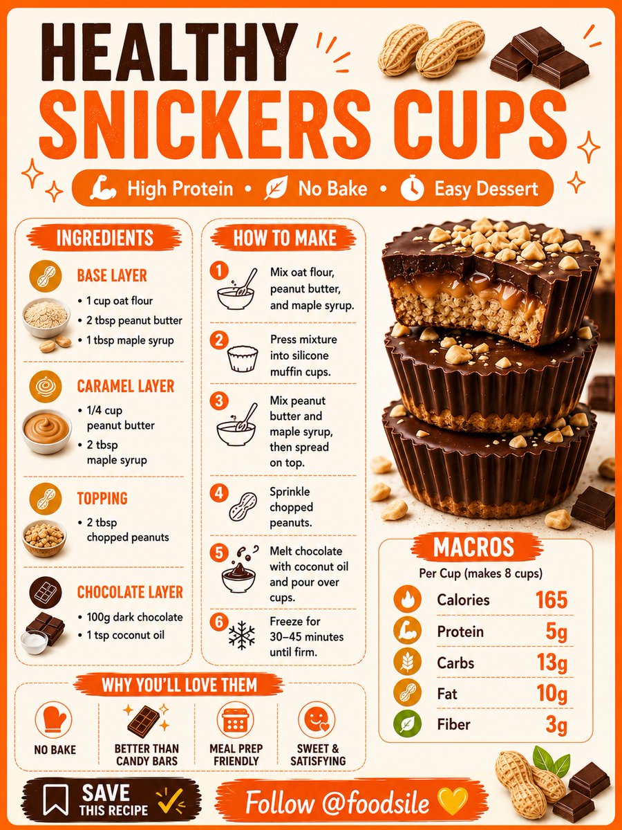 benjaminwhitemh's tweet photo. Craving Snickers but want a healthier treat? These no-bake Healthy Snickers Cups are chocolatey, perfectly sweet, and made with simple ingredients. Per cup: 165 calories, 5g protein, 13g carbs, 10g fat, 3g fiber. Perfect for meal prep. https://t.co/RmiVMKQ8D5
