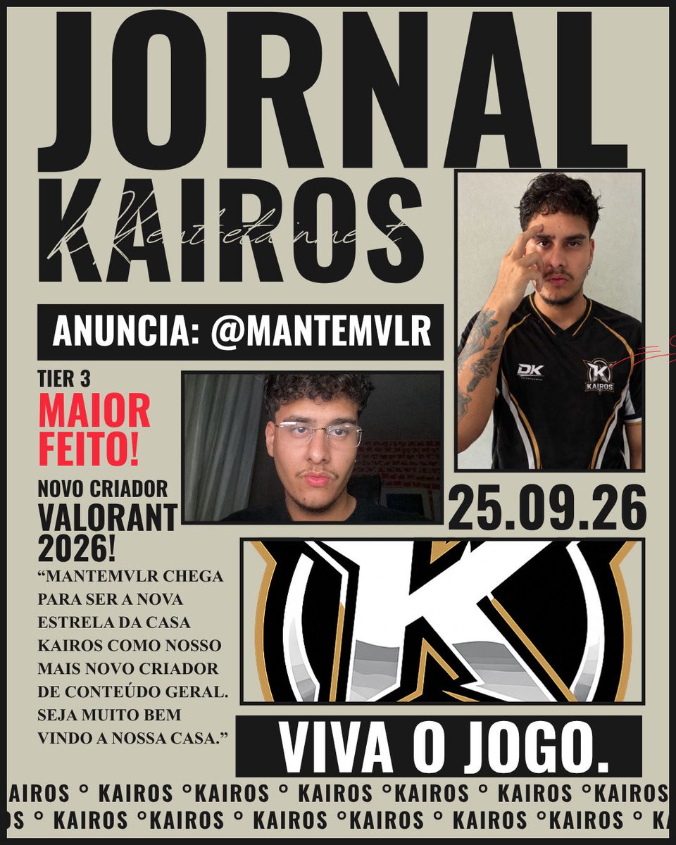 KairosDK_'s tweet photo. 🚨 NOVO CRIADOR NA KAIROS

A Kairos anuncia oficialmente @mantemvlr como seu novo criador de conteúdo.

A partir de hoje, ele veste as cores da Kairos.

Bem-vindo à família, @mantemVLR 

🖤⚡ KAIROS
#KAIROS #VALORANT #MantemVLR #VCT #Esports https://t.co/6OBEcsu9le