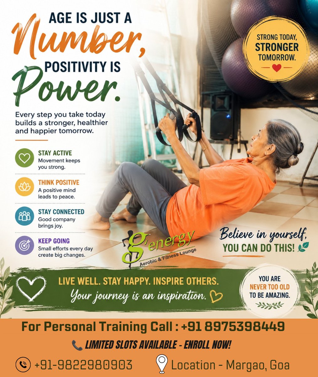 benjamingreen4p's tweet photo. Age doesn’t define your strength—your mindset does. Stay active, think positively, keep moving, and challenge yourself. Every step builds a stronger, healthier, happier tomorrow. Join Genergy Fitness in Margao, Goa, online or offline. https://t.co/89a3sFtmr0