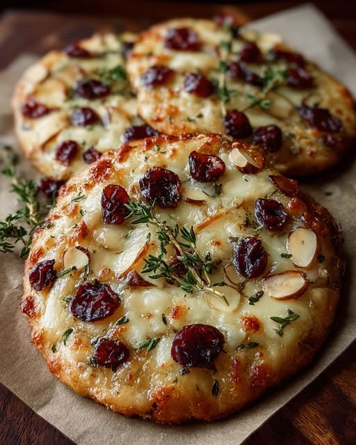 ann_ann886's tweet photo. Brie & Cranberry Flatbreads

Servings: 4
Prep Time: 15 minutes
Cook Time: 12–15 minutes
Total Time: 30 minutes

Ingredients
For the Flatbreads:
4 flatbreads, naan, or 1 lb pizza dough divided into 4 pieces
2 tbsp olive oil
8 oz (225g) Brie cheese, rind removed, sliced or torn
¾ cup whole-berry cranberry sauce (or leftover cranberry relish)
1 pear, thinly sliced (optional but delicious)
¼ cup sliced almonds
2 tbsp fresh thyme leaves, plus sprigs for garnish
For Drizzling:
2 tbsp honey
½ tsp flaky sea salt
Fresh cracked black pepper

Instructions
Preheat oven to 425°F (220°C). Line a large baking sheet with parchment paper.
Prep the base. Brush each flatbread lightly with olive oil. If using pizza dough, stretch into 8-inch rounds and place on the prepared sheet.
Add toppings. Distribute Brie slices evenly across the flatbreads. Dot with spoonfuls of cranberry sauce. Add pear slices if using, then scatter sliced almonds and fresh thyme over the top.
Bake 12–15 minutes until the crust is golden and crisp at the edges and the Brie is fully melted and bubbling.
Finish. Remove from oven. Drizzle with honey, sprinkle with flaky sea salt and cracked black pepper. Garnish with fresh thyme sprigs.
Serve warm, cut into wedges or strips.

Tips
Chill the Brie before slicing — cold cheese is far easier to cut cleanly.
Leave a small border — cheese spreads as it melts, and a bare rim gives you a crisp handle.
Sweet meets salty — the flaky salt at the end is what makes it taste finished, not flat.

Variations
Swap Brie for Camembert or goat cheese.
Add prosciutto or crispy pancetta after baking.
Drizzle with balsamic glaze instead of honey for a tarter finish.