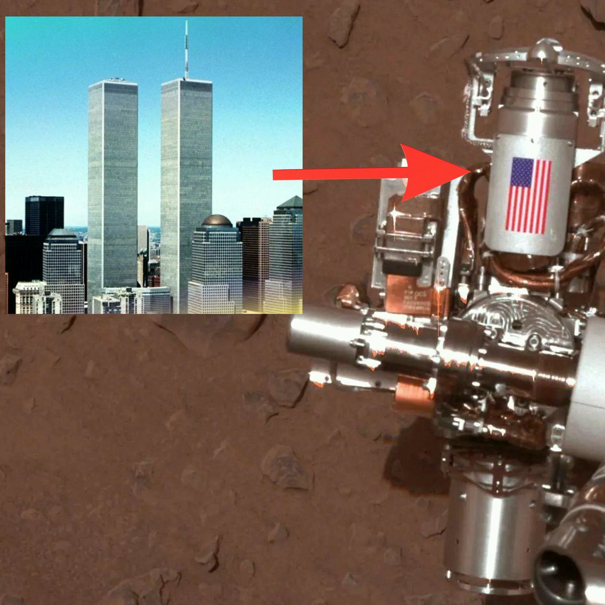 StevenThomkdsz's tweet photo. This piece of metal on Mars, engraved with the American flag, is made from aluminum recovered from the World Trade Center
#JawDropping #Slippy https://t.co/cZDIiAnAoF