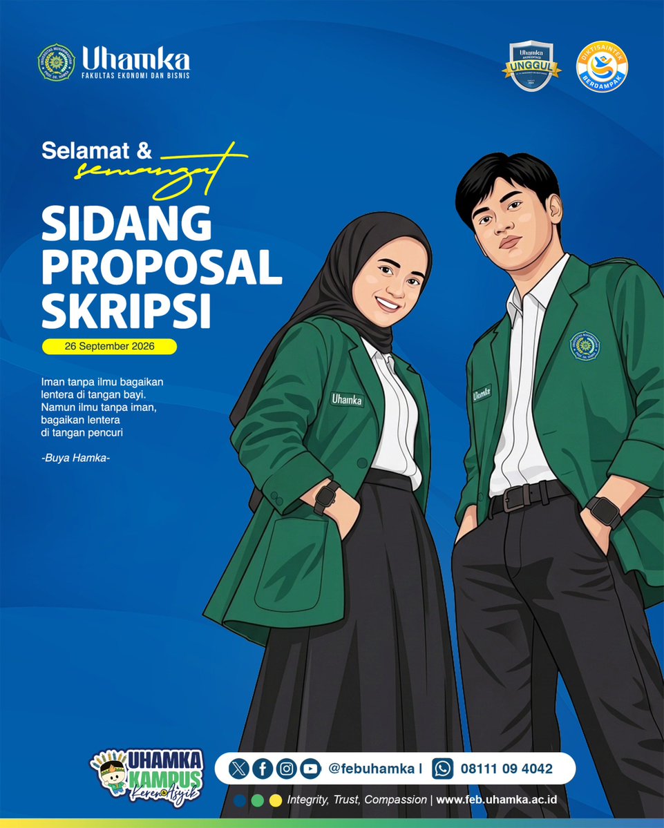 febuhamka's tweet photo. 🔥 **SELAMAT &amp; SEMANGAT SIDANG PROPOSAL SKRIPSI! ** 🎓✨ Selamat kepada mahasiswa **FEB UHAMKA** yang sedang melaksanakan **Sidang Proposal Skripsi**. 💪 **Semangat menghadapi sidang! ** Semoga diberikan kelancaran, kemudahan, ketenangan, dan hasil terbaik dalam setiap prosesnya. https://t.co/x5WHtxpIoo