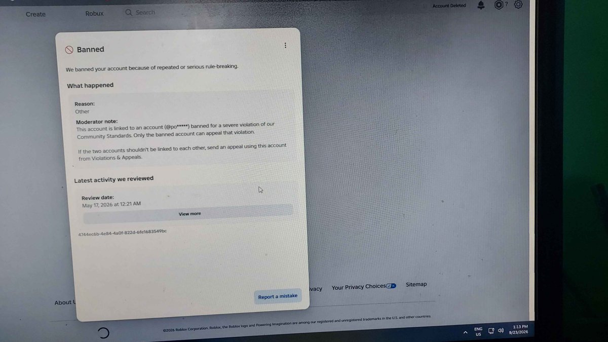AlexisEmberhowl's tweet photo. It has been 130 days since @Roblox banned my account "Zander_Death" for being linked to an account that broke their standards. No matter how many times I appealed, their AI system keeps rejecting all of them. https://t.co/mWFJJstYfX