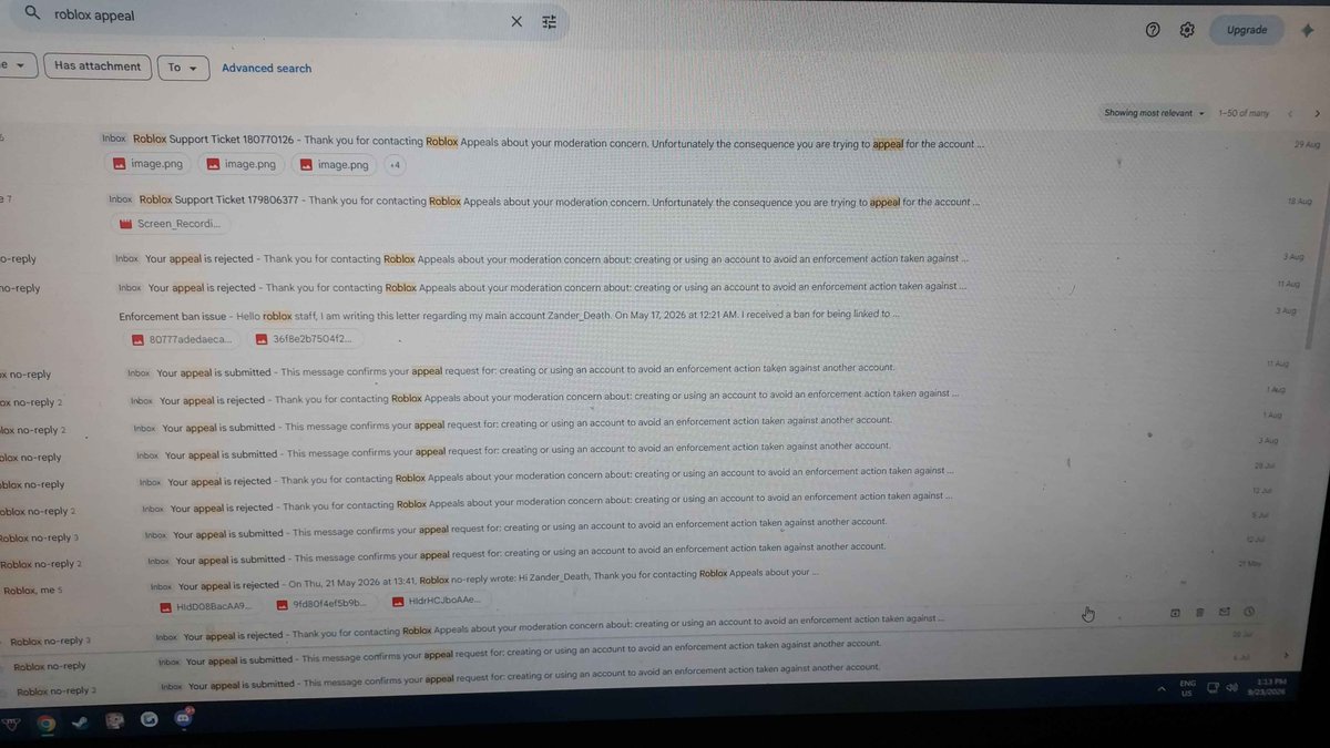 AlexisEmberhowl's tweet photo. It has been 130 days since @Roblox banned my account "Zander_Death" for being linked to an account that broke their standards. No matter how many times I appealed, their AI system keeps rejecting all of them. https://t.co/mWFJJstYfX