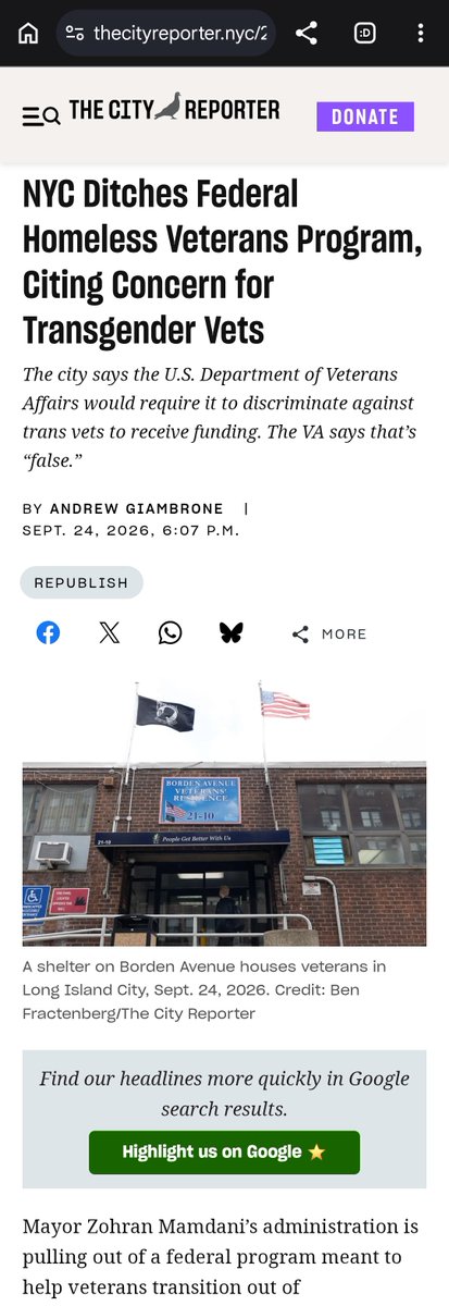 Fly_Sistah's tweet photo. Mayor Zohran Mamdani’s administration is pulling out of a federal program meant to help veterans transition out of homelessness, alleging the Trump administration would have required New York City to discriminate against transgender vets seeking shelter to receive the funding. https://t.co/dcmY2ca9DV