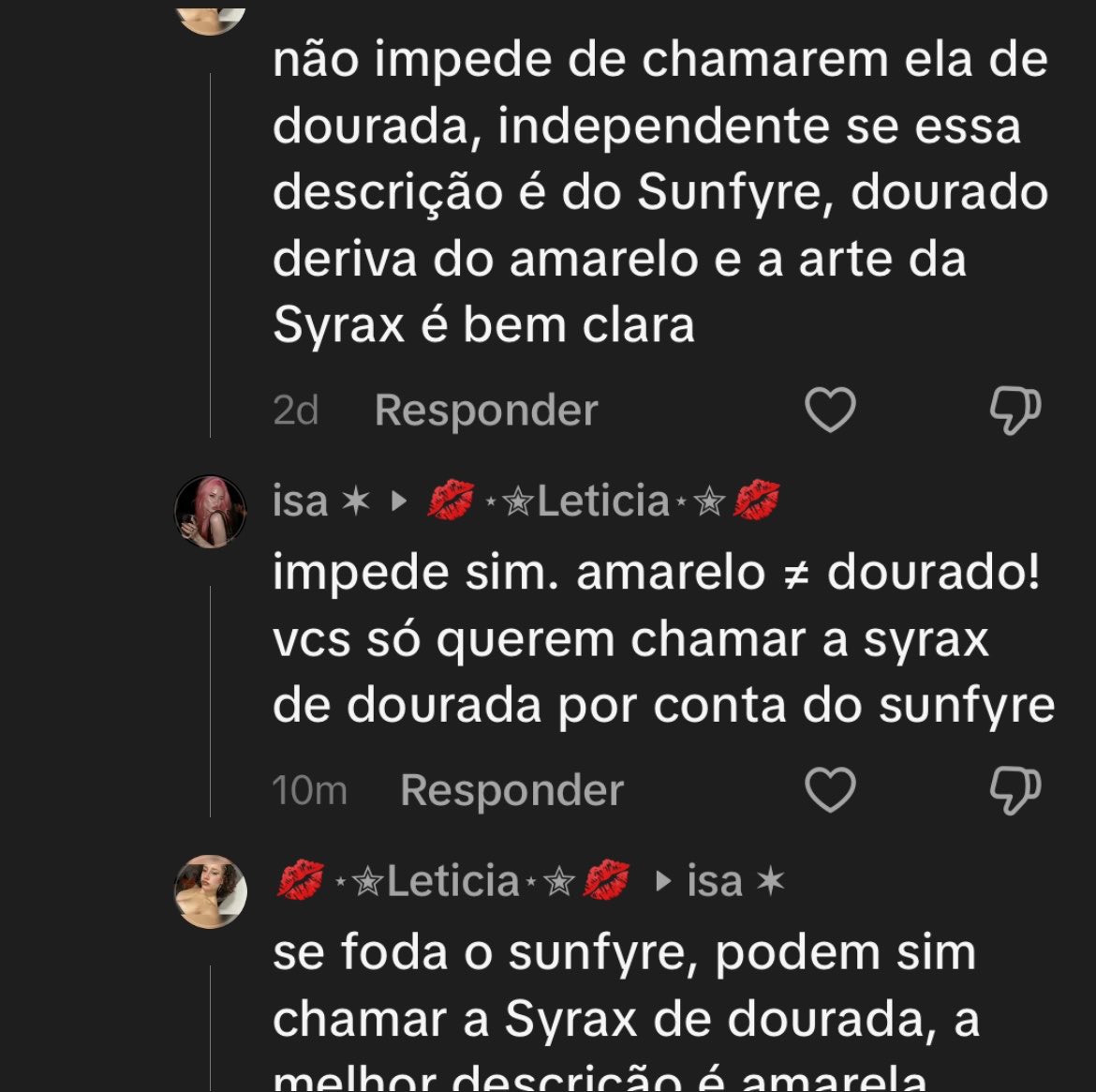 isaasoiaf's tweet photo. ah pronto agora deu pros fãs da cunyra chamarem a syrax de “dourada” kkkkkkkkkkkk é muita petulância e inveja do solzinho mesmo https://t.co/tgCIaAgXNt