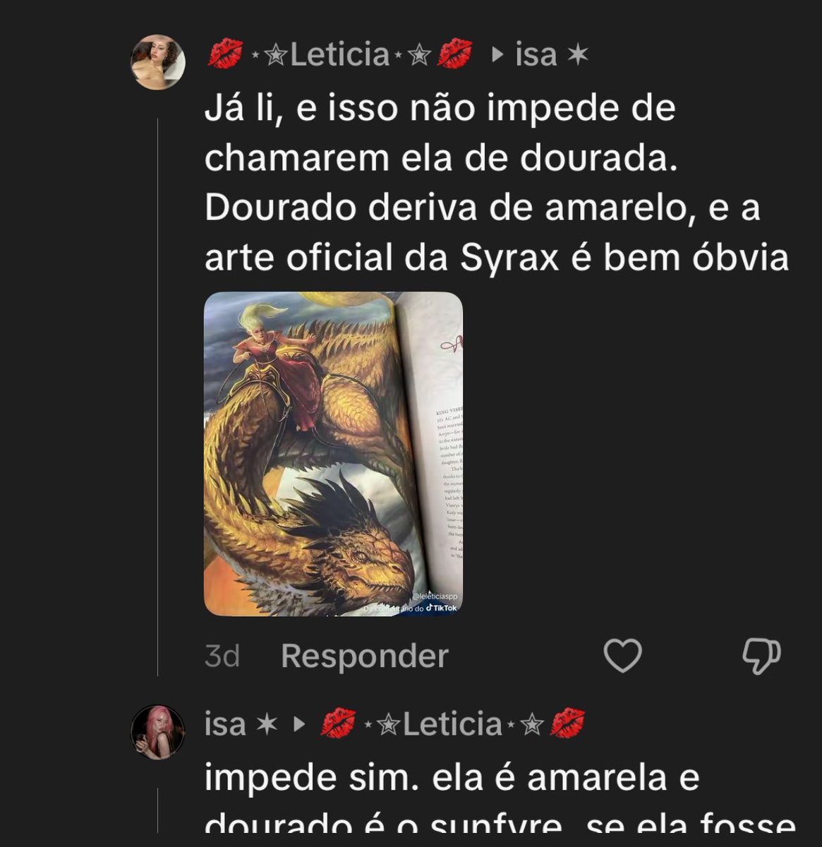 isaasoiaf's tweet photo. ah pronto agora deu pros fãs da cunyra chamarem a syrax de “dourada” kkkkkkkkkkkk é muita petulância e inveja do solzinho mesmo https://t.co/tgCIaAgXNt